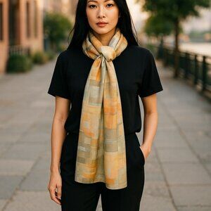 VINTAGE SCARF 70s extra Long Silk or Obi Sash Belt orange tan blue green